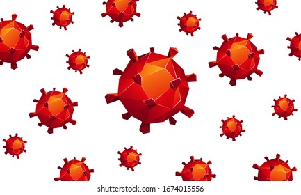 Red polygonal coronavirus cells pattern on white background. Virus Covid-19 low poly particles.