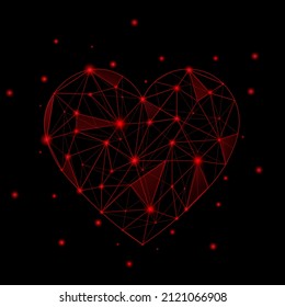 Red polygonal heart with dots and lines with glowing effect in black background, sparkling valentine's heart
