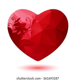 Red polygonal heart with floral pattern isolated on a white background.
