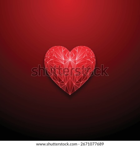 Red polygonal heart with glowing connections on dark background, symbolizing digital love, technology of emotion, and network relationships. Modern futuristic design. Vector EPS10.