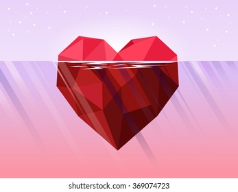 Red polygonal heart iceberg floating in the pink deep sea.
