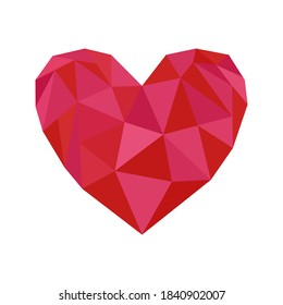 Red polygonal heart isolated on white background. Vector illustration from red triangles. Low poly heart. Love icon for Valentine's Day. Symbol of love
