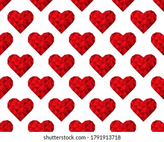 Red polygonal hearts on a white background. Seamless pattern. Vector illustration for fabric design, print for textile, wrapping, wed design, packaging, etc. Other hearts patterns in my collection.