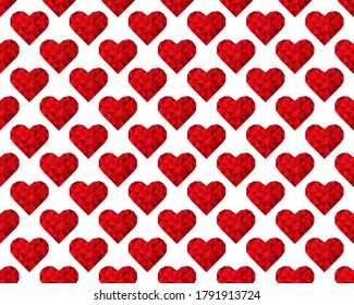 Red polygonal hearts on a white background. Seamless pattern. Vector illustration for fabric design, print for textile, wrapping, wed design, packaging, etc. Other hearts patterns in my collection.