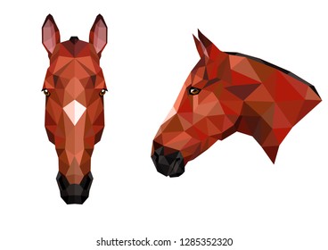 Red polygonal horse head in front and profile