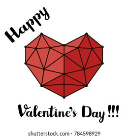 Red polygonal lines heart and hand written black brush font script, Happy Valentines Day text greeting card. Hand drawn vector illustration