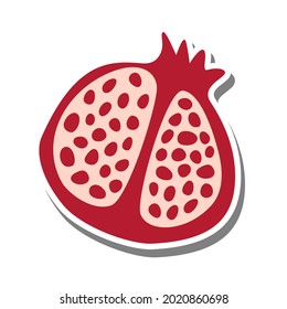Red Pomegranate cut in half vertically on white silhouette and gray shadow with seed. Inside. Flat style for decorated and any design. Vector illustration about fruit.