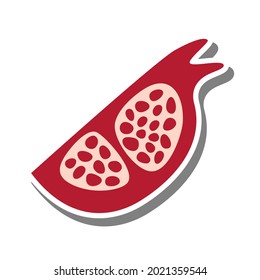 Red Pomegranate cut in half vertically on white silhouette and gray shadow with seed. Inside. Flat style for decorated and any design. Vector illustration about fruit.