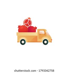 Red Pomegranate fruit emblem. Pomegranate in a truck funny vector print. Element for logo, packaging, print with pomegranate. Farm fruit icons, delivery illustration.