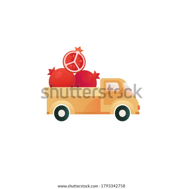 Red Pomegranate fruit\
emblem. Pomegranate in a truck funny vector print. Element for\
logo, packaging, print with pomegranate. Farm fruit icons, delivery\
illustration.