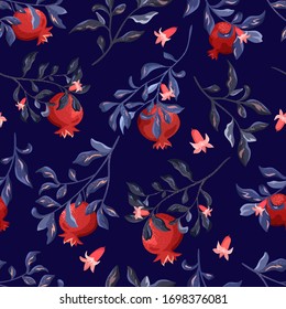 Red pomegranate fruits with flowers on a blue background. Branches, garden plants, seamless pattern.