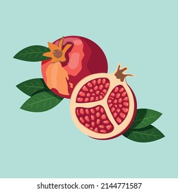 Red Pomegranate with green leaf and half of the Pomegranate lying near each other. Flat style Illustration.