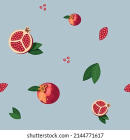 Red Pomegranate with green leaf and half of the Pomegranate lying near each other. Flat style Illustration.