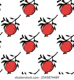 Red pomegranate with green leaves on a white background, seamless pattern, doodle drawing, sketch style vector