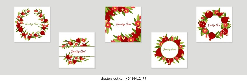 Tarjeta de felicitación de granada roja Vector Plantilla Set