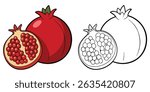 Red Pomegranate and Half Coloring Page For Kids. Pomegranate Fruit Outline and Vector Illustration On White Background. Fruit Coloring Printable