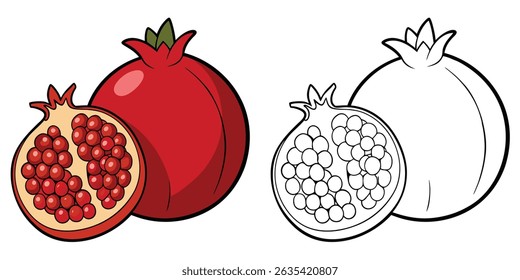 Romã vermelha e meia página de coloração para crianças. Contorno de frutas romã e ilustração vetorial em fundo branco. Coloração de fruta imprimível