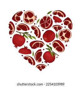 Diseño de composición en forma de corazón granado rojo con fruta madura con plantilla vectorial de semillas