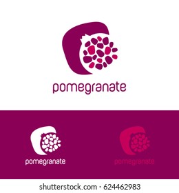 Red pomegranate logo. Pomegranate with grains on different backgrounds.