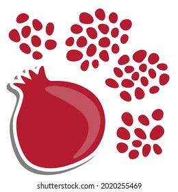 Red Pomegranate on white silhouette and gray shadow and seed. Flat style for decorated and any design. Vector illustration about fruit.