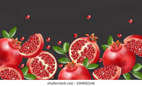 Red pomegranate realistic, fresh fruit isolated, black background, pomegranate banner