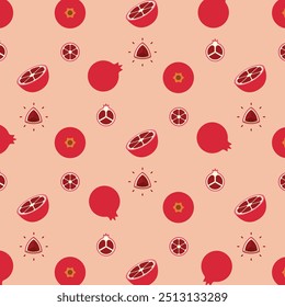 Modelo inconsútil de la granada roja, emblema fresco del producto de la granada de la granja para la tienda de comestibles, diapositivas, secciones largas y transversales, y diversas posiciones, Ilustración vectorial plana simple de verduras y fr