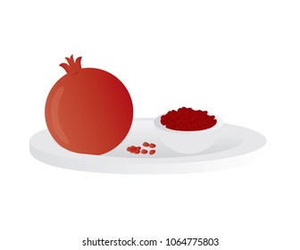 Red pomegranate and seeds on white plate isolated