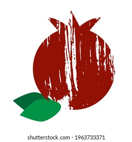 Red pomegranate textured element on a white background. Modern art isolated vector graphic. Simple abstract pomegranate with leaves.