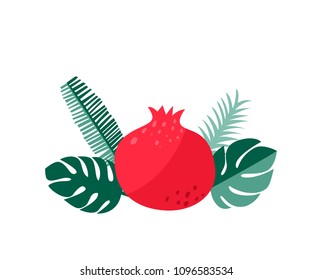 Red pomegranate and tropical leaves illustration. Summer art for cards, apparel prints and posters
