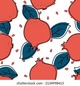 Red Pomegranate Vector Seamless Pattern. Drawing Garnet Botanical Background. Summer Painting Fruit Wallpaper. Ruby Floral Texture.