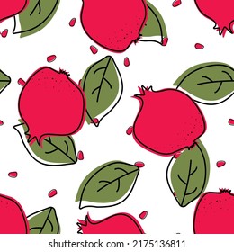 Red Pomegranate Vector Seamless Pattern. Drawing Garnet Textile Print. Summer Painting Fruit Texture. Ruby Tropica Wallpaper.