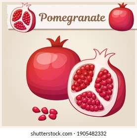 Icono del vector medio y completo de granada roja. Ilustración del fruto de la caricatura