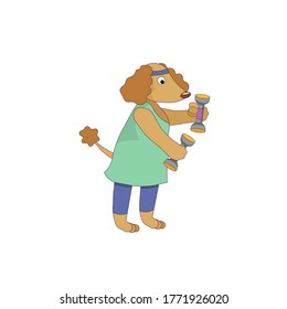 Red Poodle or Shaggy dog doing home fitness with dumbbells on white isolated background made as a vector illustration in Doodle style for prints, stickers, patterns, icons, elements of decor.