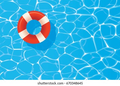 Red pool ring floating in a blue swimming pool. Summer background.