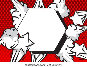 Red Pop Art Background with blank Hexagonal shape. Abstract Comic Book Vector Illustration.
