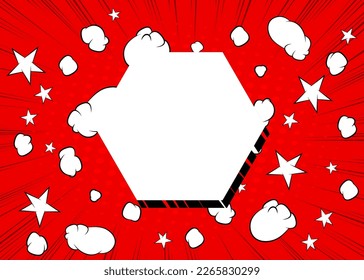 Red Pop Art Background with blank Hexagonal shape. Abstract Comic Book Vector Illustration.