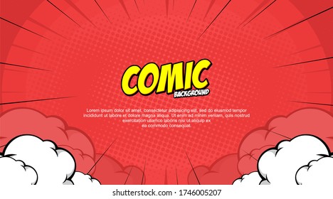 Red Pop Art Comic Background with cloud, dot halftone  and focus stripe cartoon vector