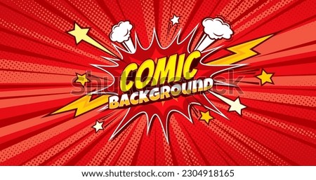 Red pop art comic background with halftone comics bubble. Cartoon vector explosion balloon. Popart poster in retro style comics book style with burst explode cloud, light flashes, stars and rays