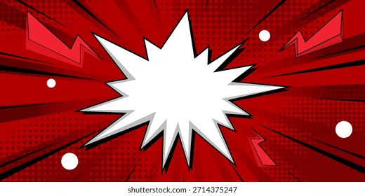 Red pop art comic explosion background with blank white speech bubble, lightning bolts, and halftone dots in dynamic comic book style. Perfect for banners, posters, ads, speech text, promotions.