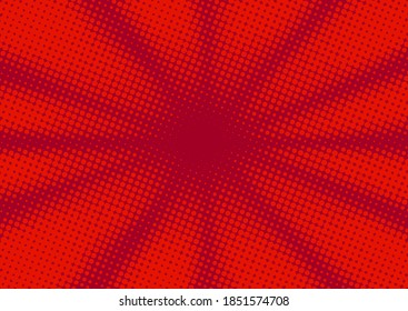 Red pop art comic style background with rays and halftone dotted effect, vector illustration
