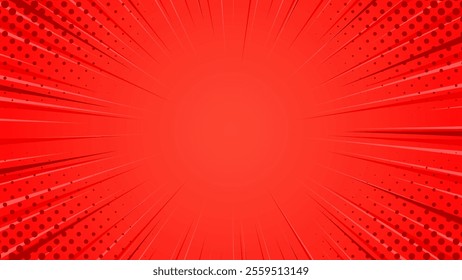 Red pop art comic sunburst effect background with halftone. Comic cartoon abstract vector background. Suitable for templates, sales banners, events, ads, web, and pages