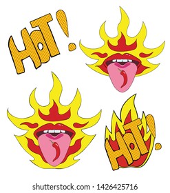 Red Pop Art Lips, Red Chili Pepper On The Tongue. Girl Shows Tongue. Inscription Hot And Yellow-red Flame. Set For Spicy Food Or Sauce.  Vector Hand Drawn Illustration.