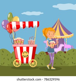 Red popcorn booth and girl eating popcorn in amusement park vector illustration, colorful design element for poster or banner