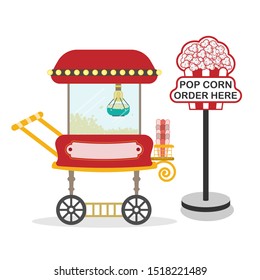 Red Popcorn Cart And Floor Sign Holders. Old Vintage Style Popcorn Machine Maker Popper. Flat Design Cartoon Concept. Vector ,illustration