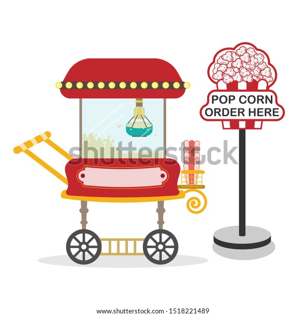 Red Popcorn Cart and Floor sign holders.\
Old Vintage Style Popcorn Machine Maker Popper. flat design cartoon\
concept. vector\
,illustration
