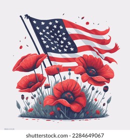 Red poppies with American flag background vector for Memorial Day