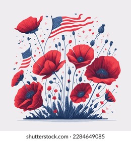 Red poppies with American flag background vector for Memorial Day