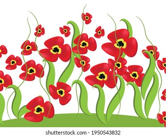 Cachorros rojos. Antecedentes con amapolas. Ilustración vectorial.