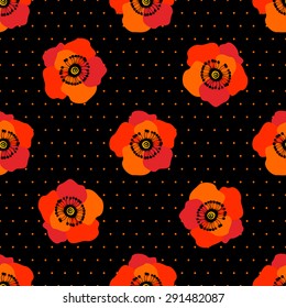 Red poppies. Black background. Seamless floral pattern.