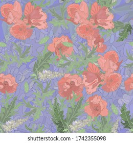 Red poppies, buds and leaves on a blue background vector pattern